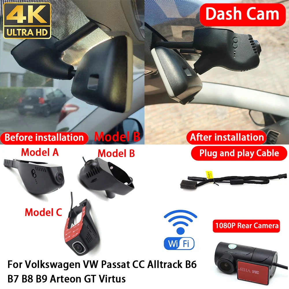 Cámara para Auto Volkswagen VW Passat CC Alltrack B6 B7 B8 B9 Arteon GT Virtus 4K 2160P, Cámara Delantera y Trasera DVR con Wifi, Plug & Play
