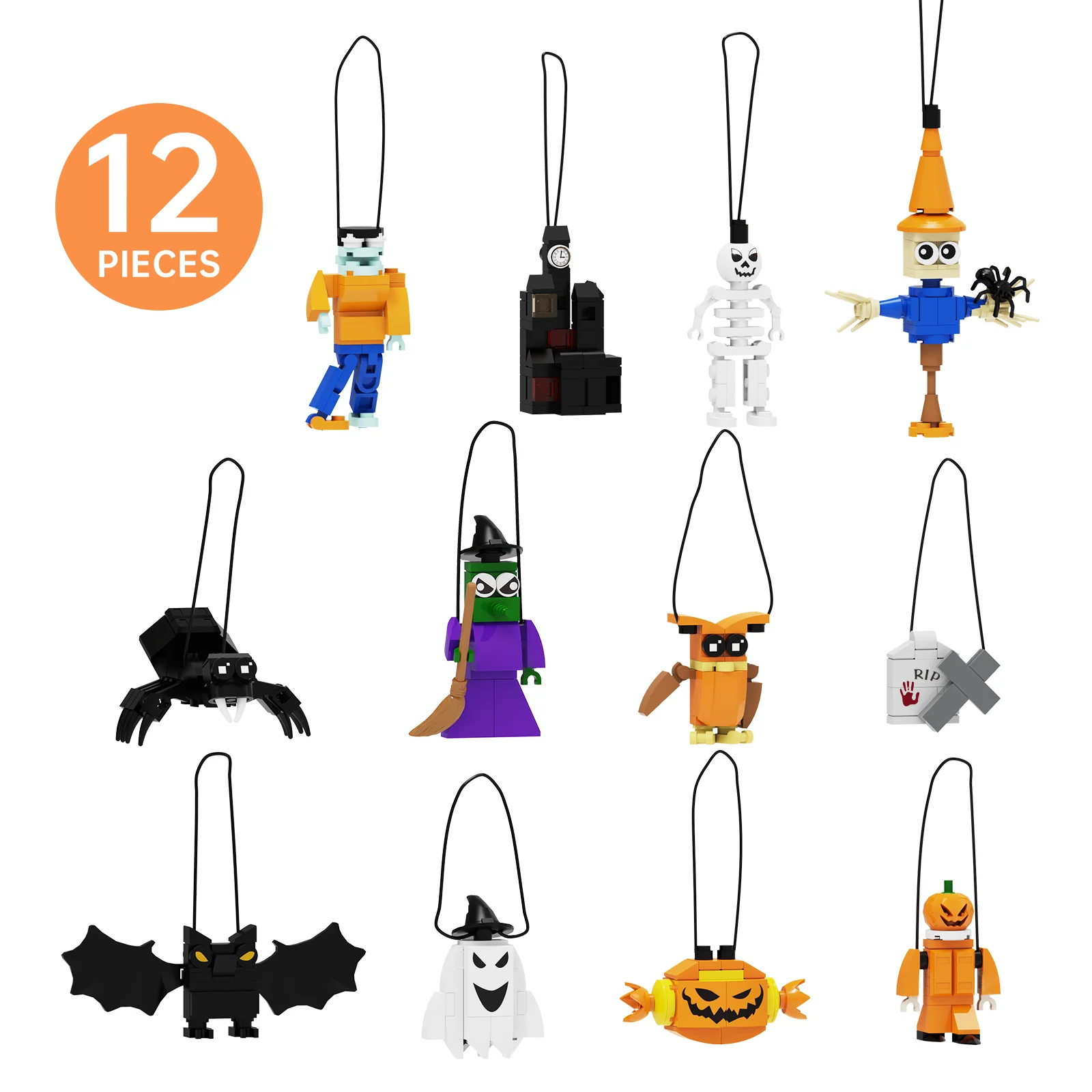 12-in-1 Halloween Pendant Building Blocks Suit with Box and Paper Manual 361 Pieces DIY Atmosphere Hanging Decorations Toys