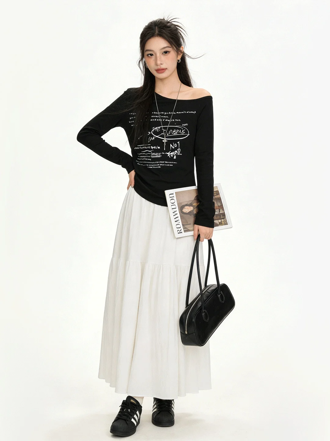 

Bla Spicy Girl oulder Print T-irt Set Korean Sle Slim Cake Skirt Two-Piece Women's Faion Spring Collection