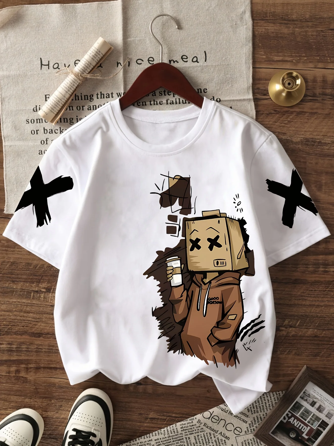 Men's Summer Creative Cherry Blossom Letter Printing Machine Wash Micro Elastic Breathable Round Neck T-shirt Outdoor Street Top