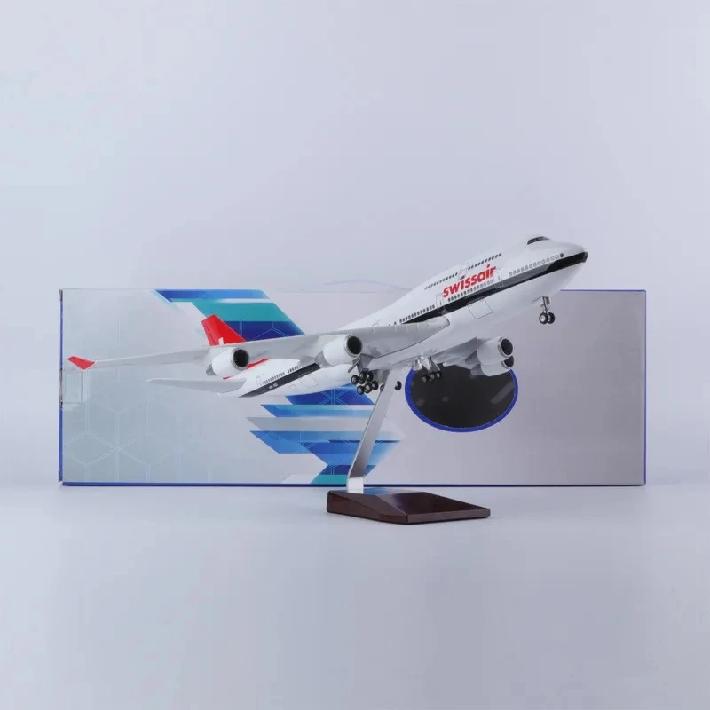

47cm Large Airplane Model B747 Swiss Airways 1:150 Scale Aircraft Diecast Resin Model Kit With LED Wheels Children Toy Aviation