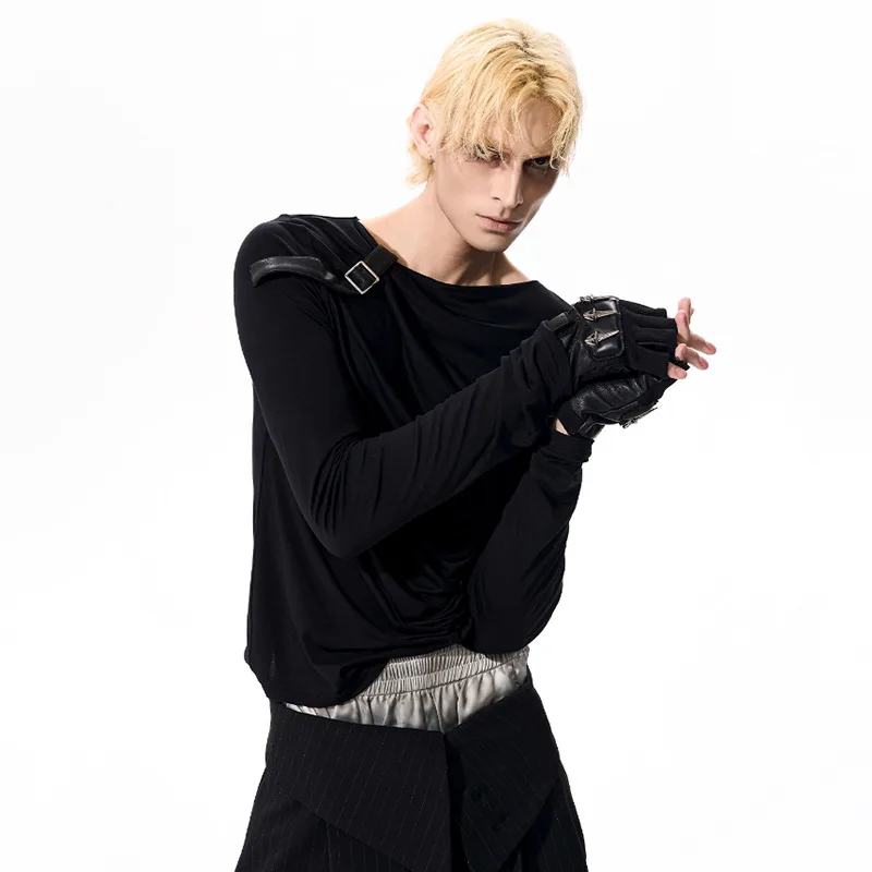 LUZHEN 2025 Autumn New Original Leather Shoulder Straps Decorate Long Sleeve T-shirts Men's Fashion Handsome Slim Clothes JY4392