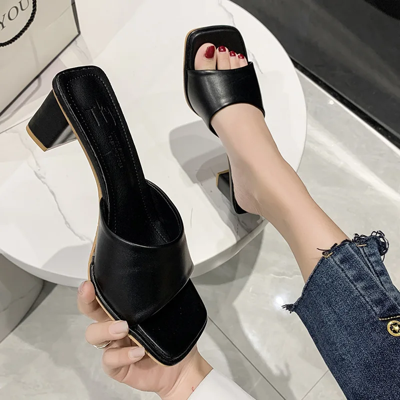 2023 Summer Candy Color Thick High Heel Slippers Sexy Woman Square Toe Sandals Party Peep Toe Dress Shoes Chanclas Mujer Playa