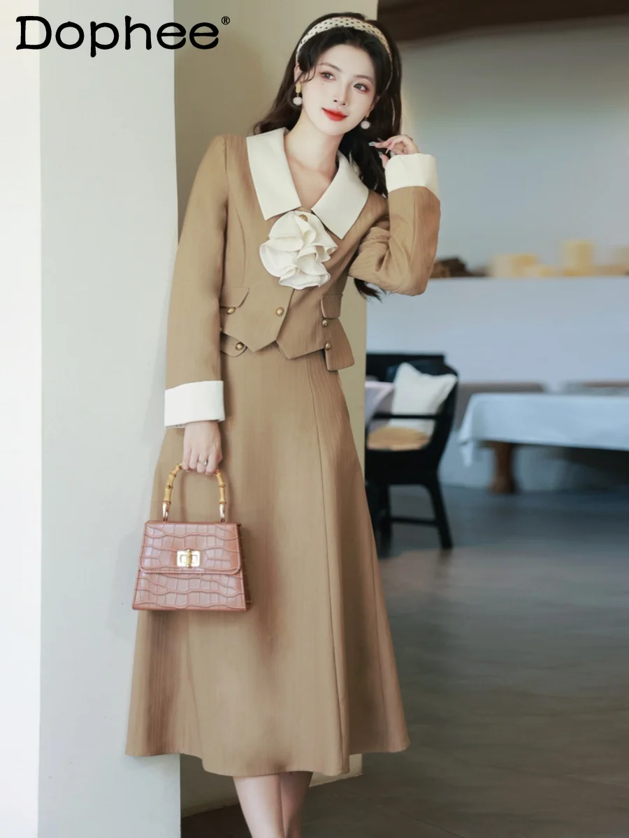 French Commuter Two-Piece Women's Clothing Spring New Polo Collar Long Sleeve Slim Short Jacket Fashion High Waist A- Line Skirt