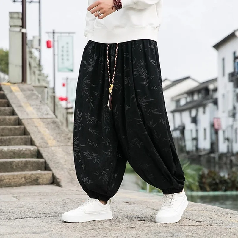 Men's Trousers Bamboo Leaf Dark Flower Velvet High Quality Casual Bloomers Loose Elastic Waist Wide Pants Male Leg Outdoor Brand