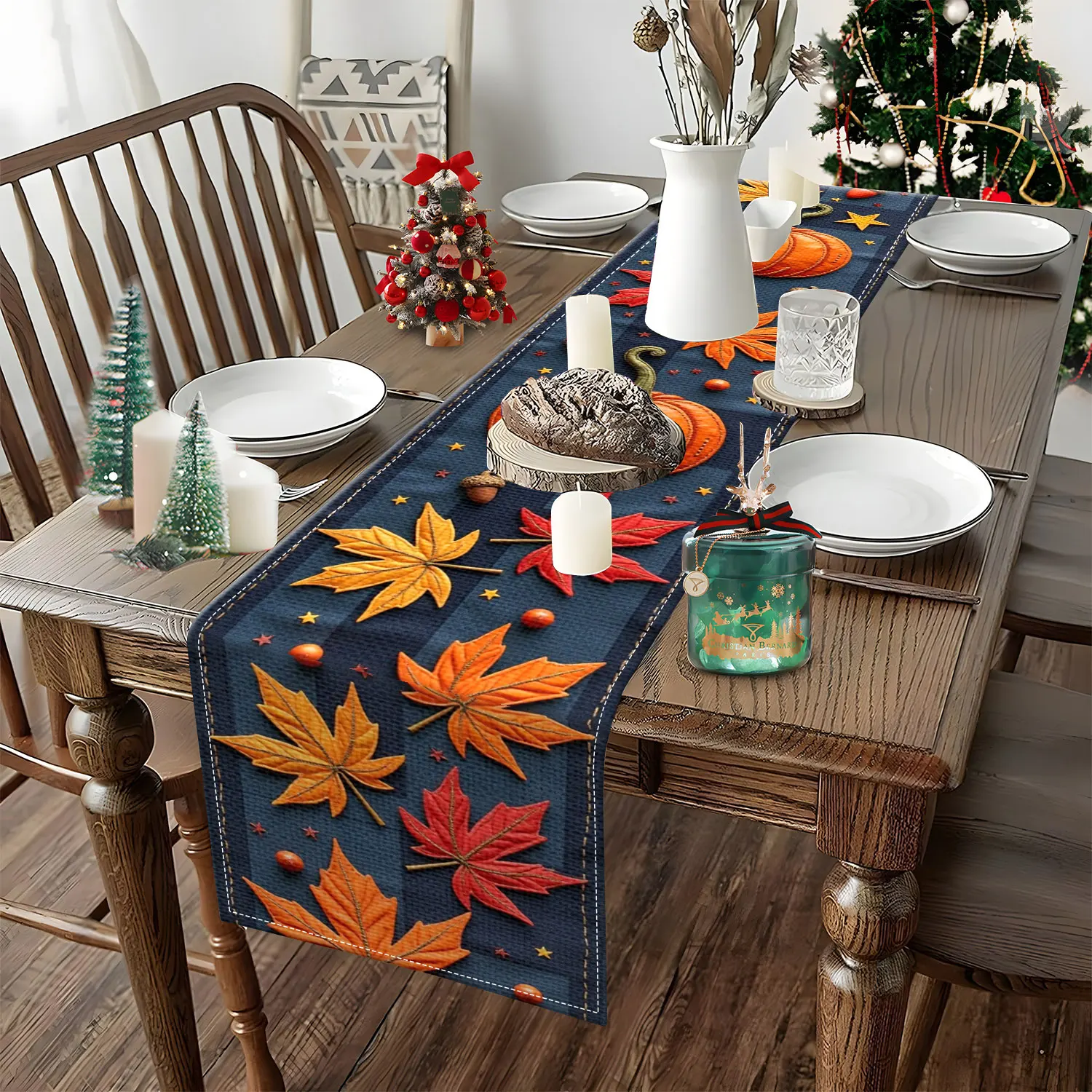قطعة واحدة من مفرش طاولة بطابع الخريف مع أنماط أوراق اليقطين والخريف، مناسبة للتجمعات العائلية لعيد الشكر والديكور المنزلي على الطراز الريفي #4