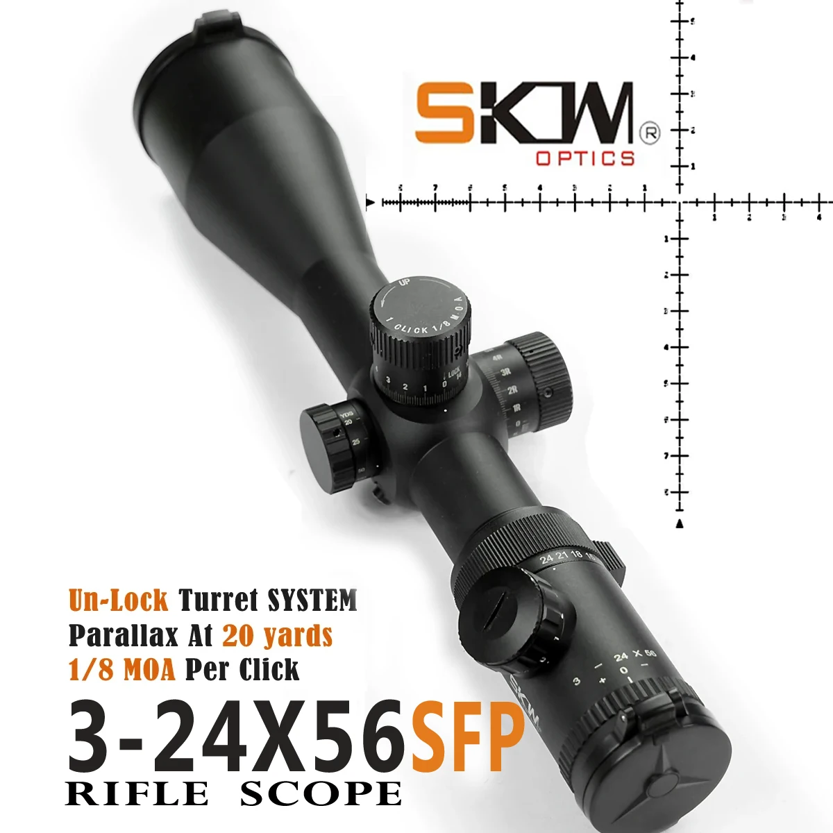 SKWoptics-Tactical Rifle Scope SFP, Long Range Riflescope, Mil-Dot Hunting, Shockproof, 34mm RINGS, 3-24x56