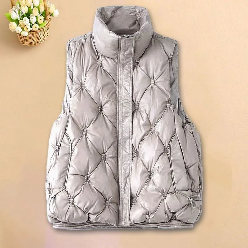 Women's Down Cotton Waistcoat Loose Fit Fashion Stand-up Collar Versatile Casual Korean Style Kangshan Outerwear Black