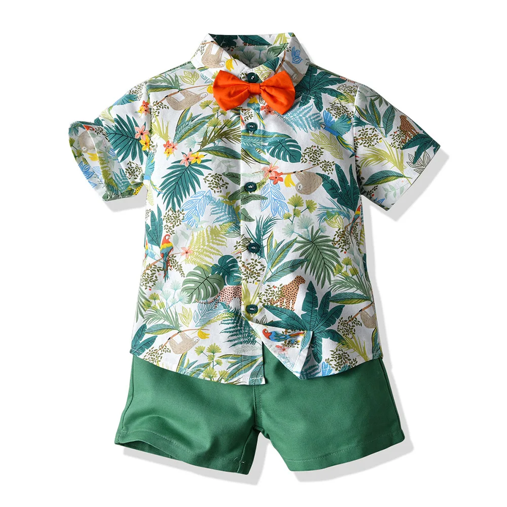 Summer short sleeved flower shirt boys' shorts casual two-piece set baby foreign trade children's clothing multi-color beach wea