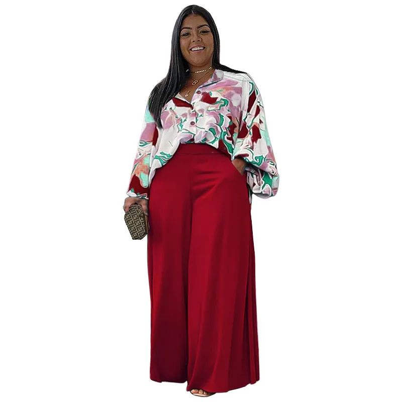 Plus Size Women Clothing Autumn Long Sleeve Printed Top Wide Leg Pants Two Piece Set Oversized Office Lady Elegant Suits Outfits