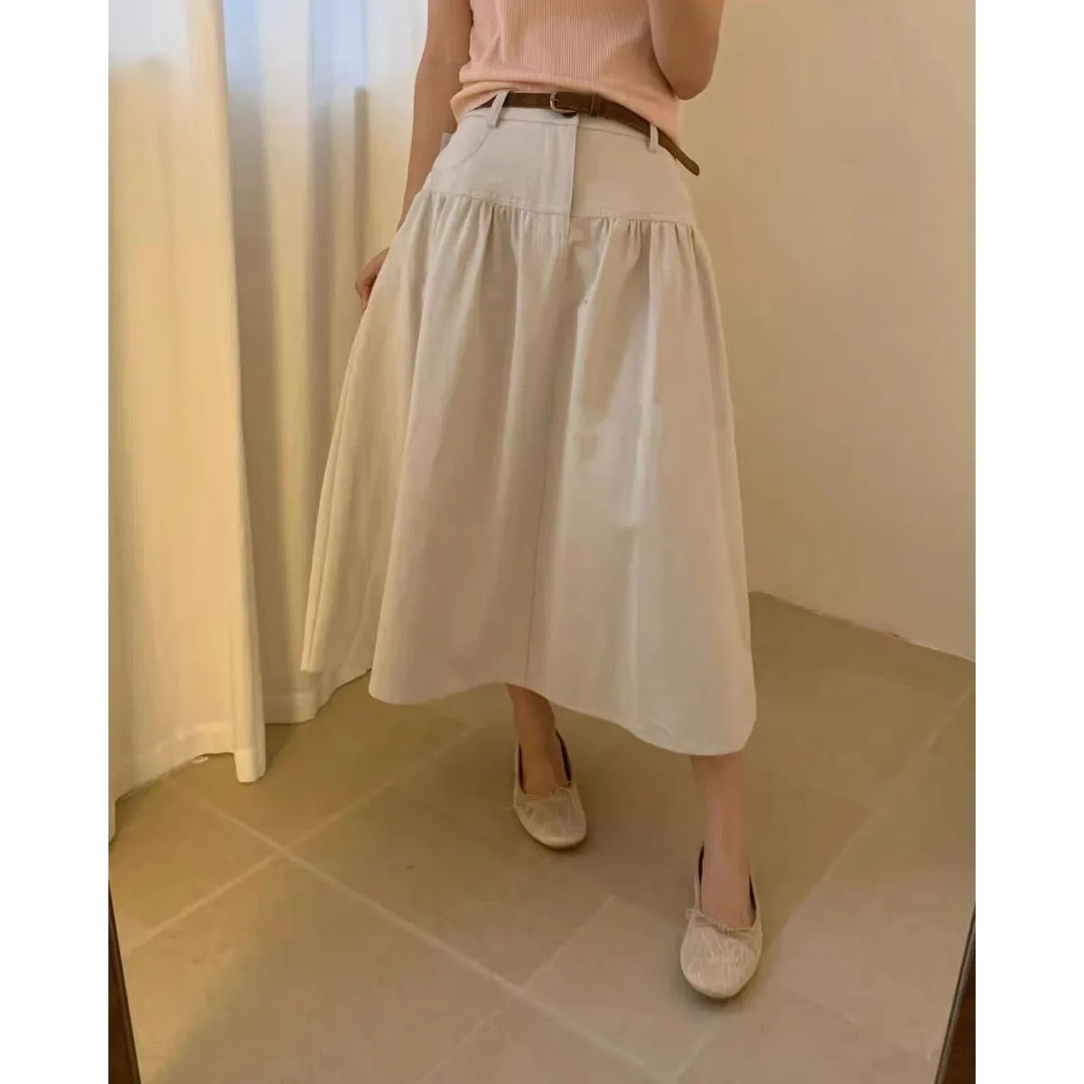 Simple Daily Long A-Line Skirt with Belt Autumn New Style High Waist Cotton Satin Fabric Women's Skirt Standard Version