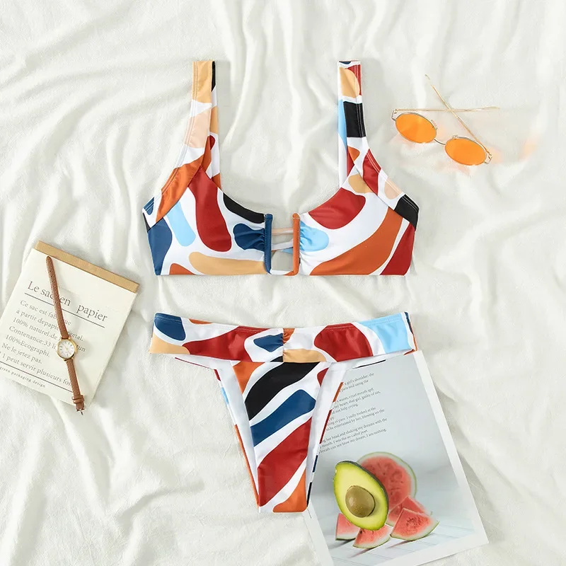 

Swimsuit 2024 Trend Sexy Bikini Print U-Neck Hight Waist Thong Push Up Swimming Two-piece Suit Beachwear Swimwear Summer Holiday