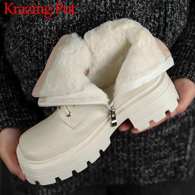 Krazing Pot Wool Full Leather Square Toe Thick High Heels Snow Boots Stay Wear Fur Beauty Sewing Thread Cross-tied Ankle Boots