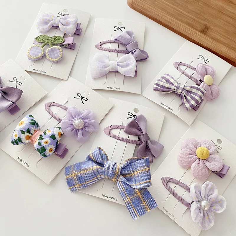 2pc Lavender Color Plaid Floral Print Basic Snap Baby Hair Drop Clips Hair Clamp Pins Hairpin Cotton BB Barrettes Girls Headwear