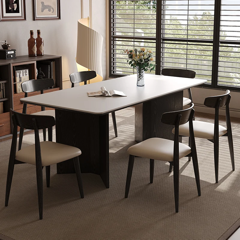 Retro style black solid wood rock slab dining chair combination household small apartment restaurant modern simple dining