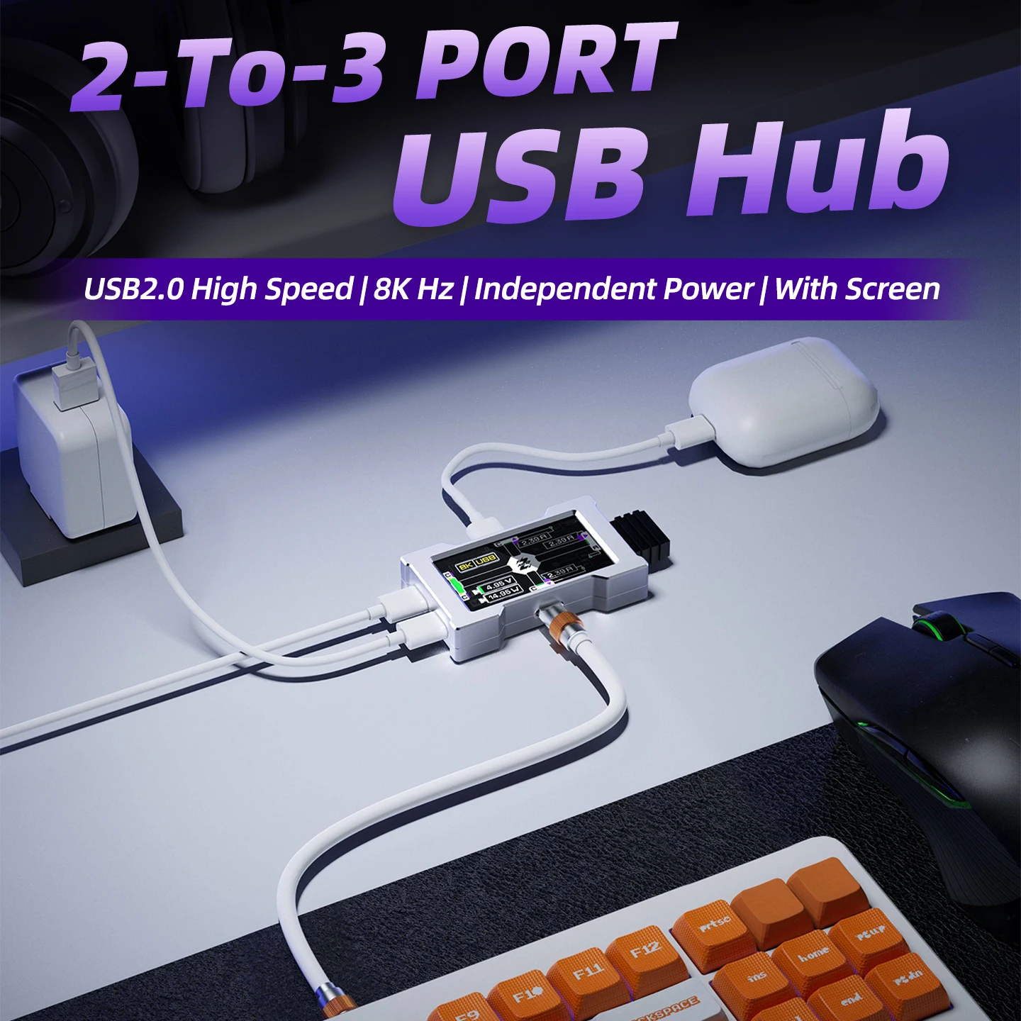HMHUB HUB Pro 2-to-3 Port USB2.0 High Speed 8K Hz USB Hub with Screen Aluminum Alloy Case Independent Power for Game Esports