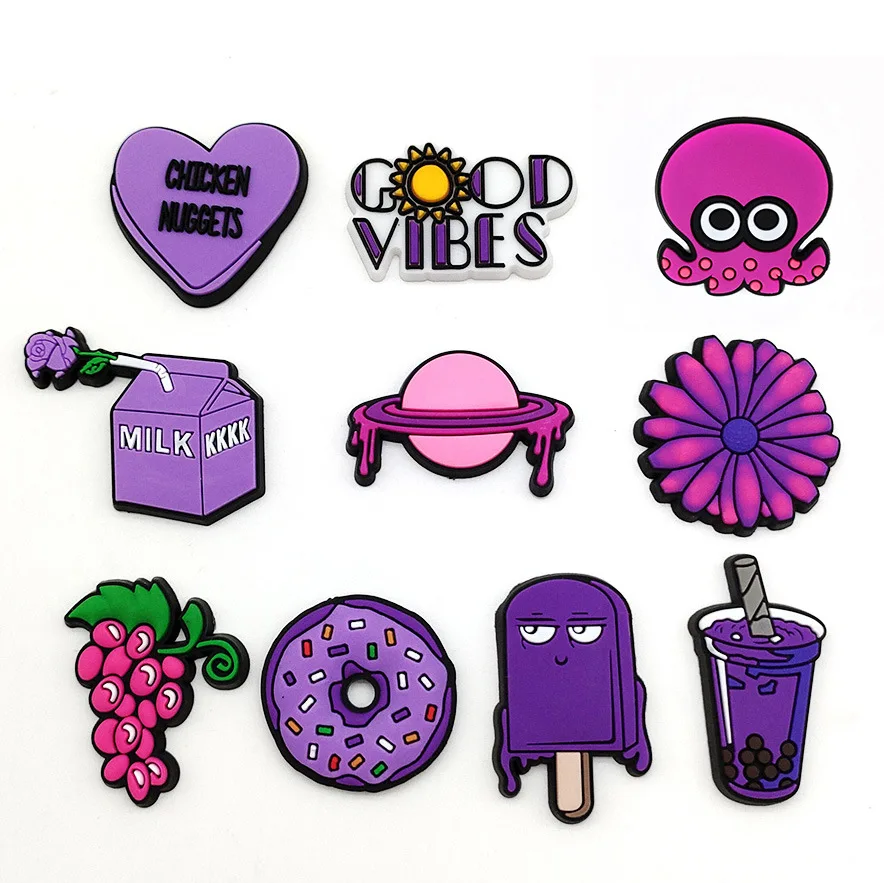 10Pcs Set Cartoon Purple Fresh Clog Charms Soft PVC Detachable Shoe Buttons Pastel Lavender Cute DIY Shoe Decor Accessories