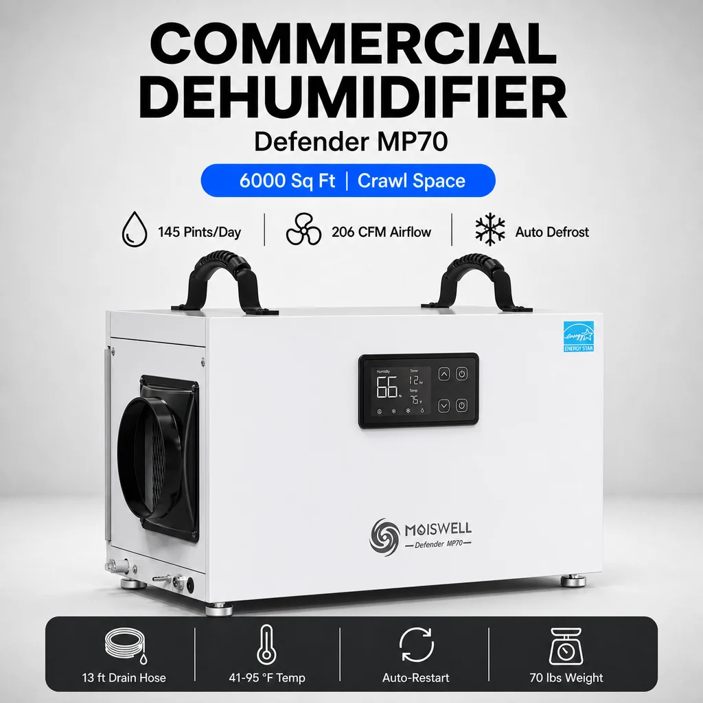 Defender MP70 145 pint 6000 sqft with built-in pump Automatic defrost Low clear height Crawl space dehumidifier