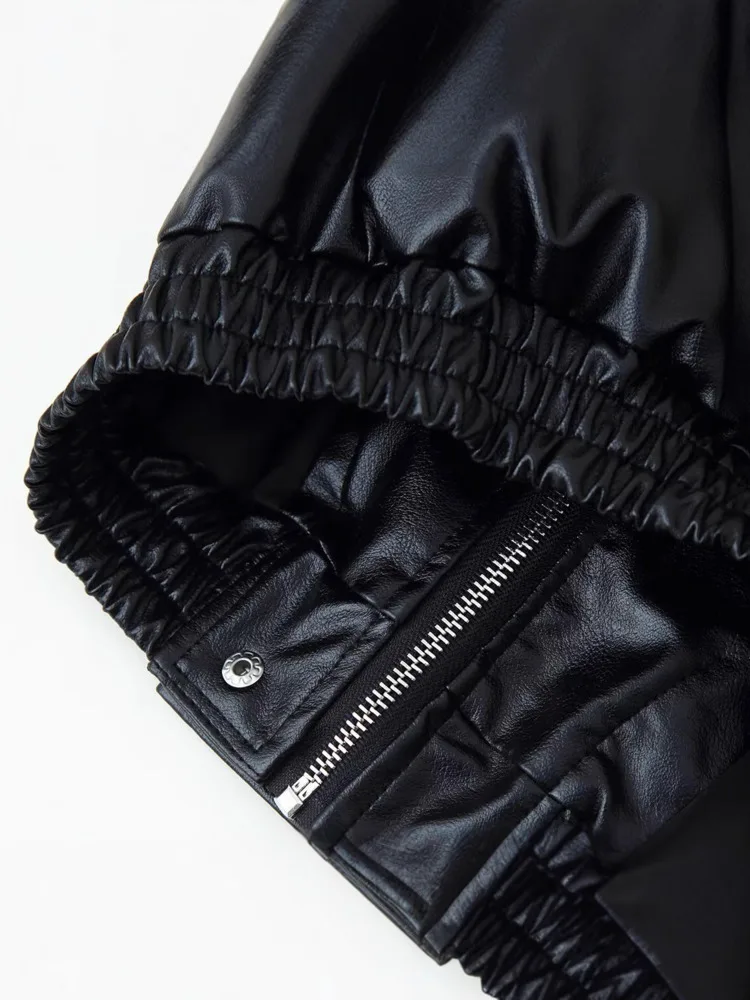 ZMEENNA Veste bombardier noire en simili cuir pour femme col haut fermeture éclair poches avant ourlet côtelé vêtements d'extérieur décontractés ZM4200