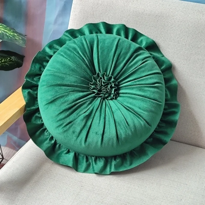 

Подушка с рюшами и цветами для сиденья, дивана, домашнего офиса, декора автомобиля, 45*45 см, круглая темно-зеленая подушка для спины, подарок на день рождения, Прямая доставка