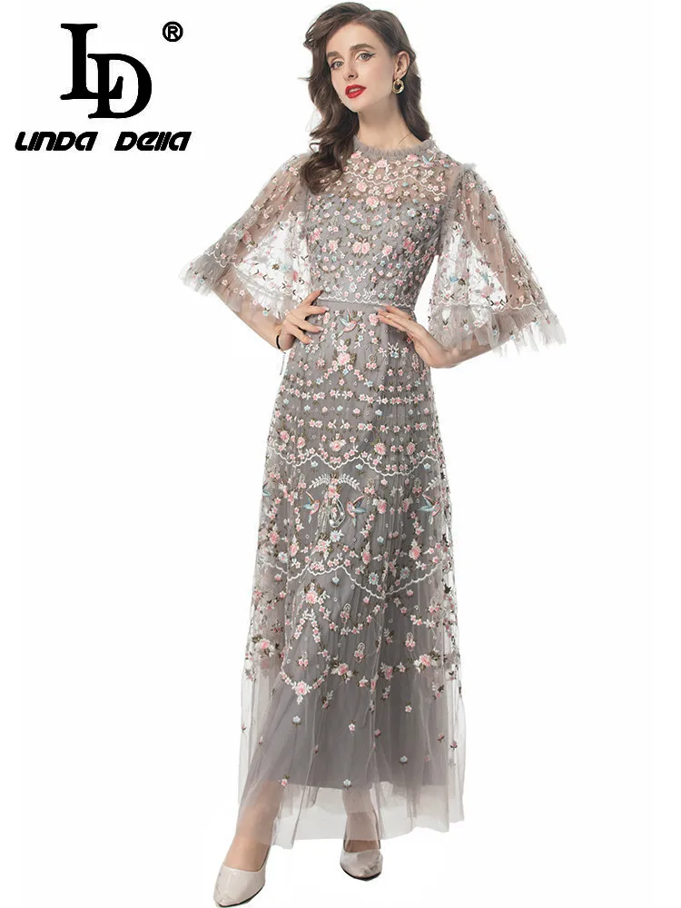 LD LINDA DELLA Summer Runway Fashion Dress Women Vintage Temperame Net Yarn Flowers Embroidery Beading Sequins Gorgeous Dresses