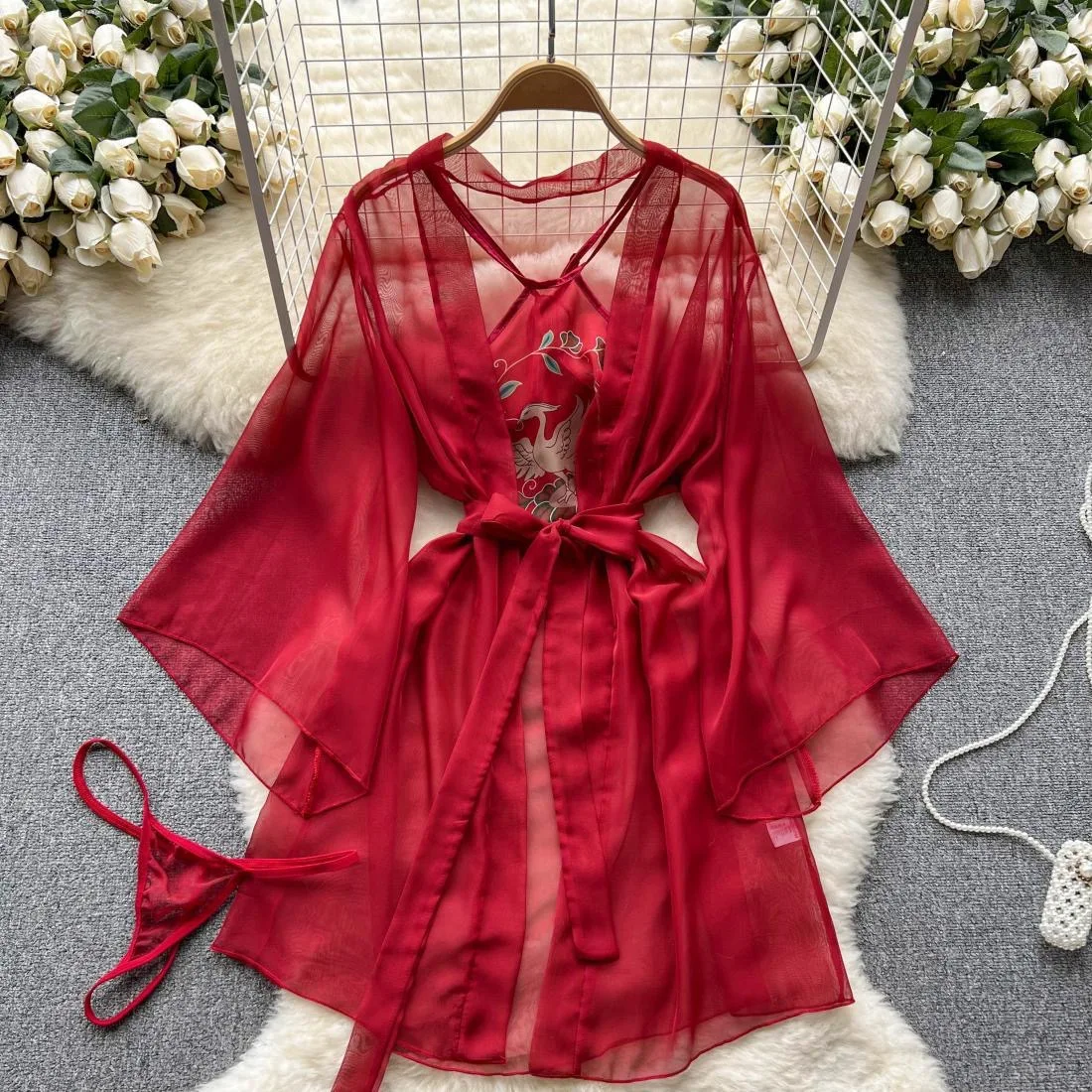 Women Vintage Printing Hanging Neck Wide Sleeves Top With Sheer Chiffon Robe And Short Sexy and Elegant  Chinese 3 Piece Set