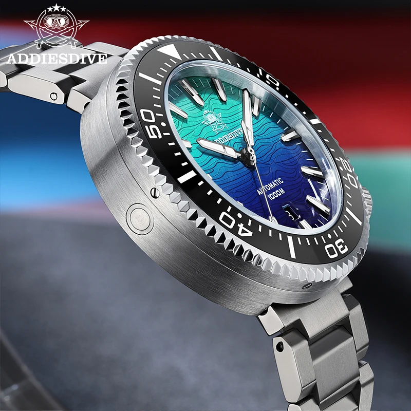ADDIESDIVE 46mm Men Automatic Watch Sapphire Gradient Ice Hockey 1000m Dive Waterproof Mechanical Watch Ceramic Bezel Luminous