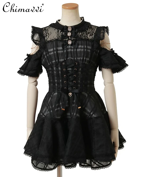 Liz ญี่ปุ่นลายสก๊อต Organza ชุดเจ้าหญิงหวาน Off-the-shoulder Slim-fit Lolita ชุด + Culottes สาวผู้หญิง 2 ชิ้นชุด