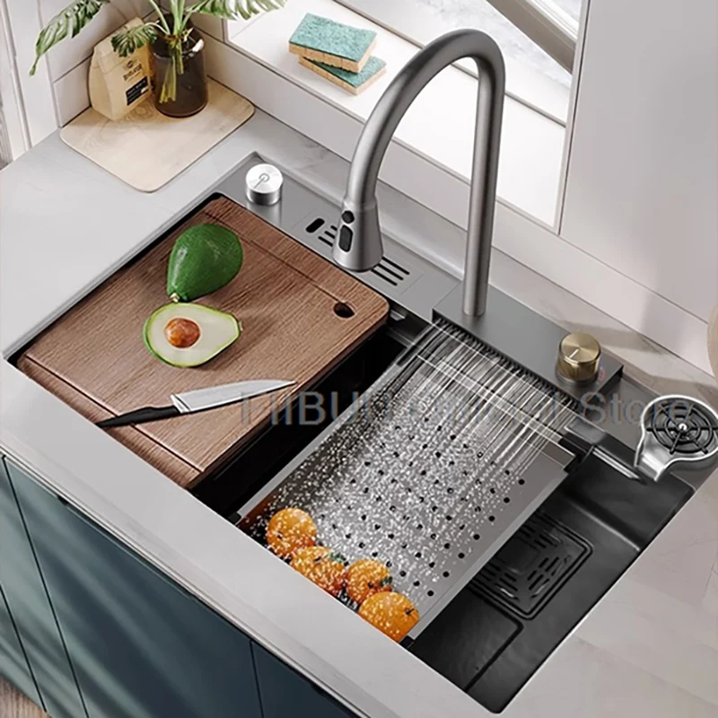 Lavello da cucina multifunzionale in acciaio inossidabile addensato fatto a mano grande lavabo per verdure rubinetto a cascata lavaggio/taglio/scarico in un set completo