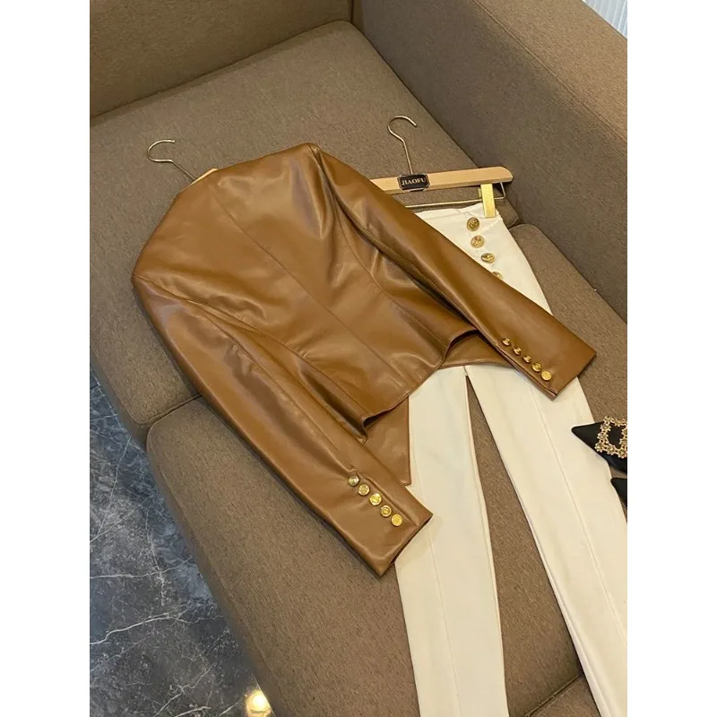 trendy Women's Clothing Faux Leather Coat Black Metal Double-breasted Slim No-wash Leather Suit Top Jacket Coat Women Jackets