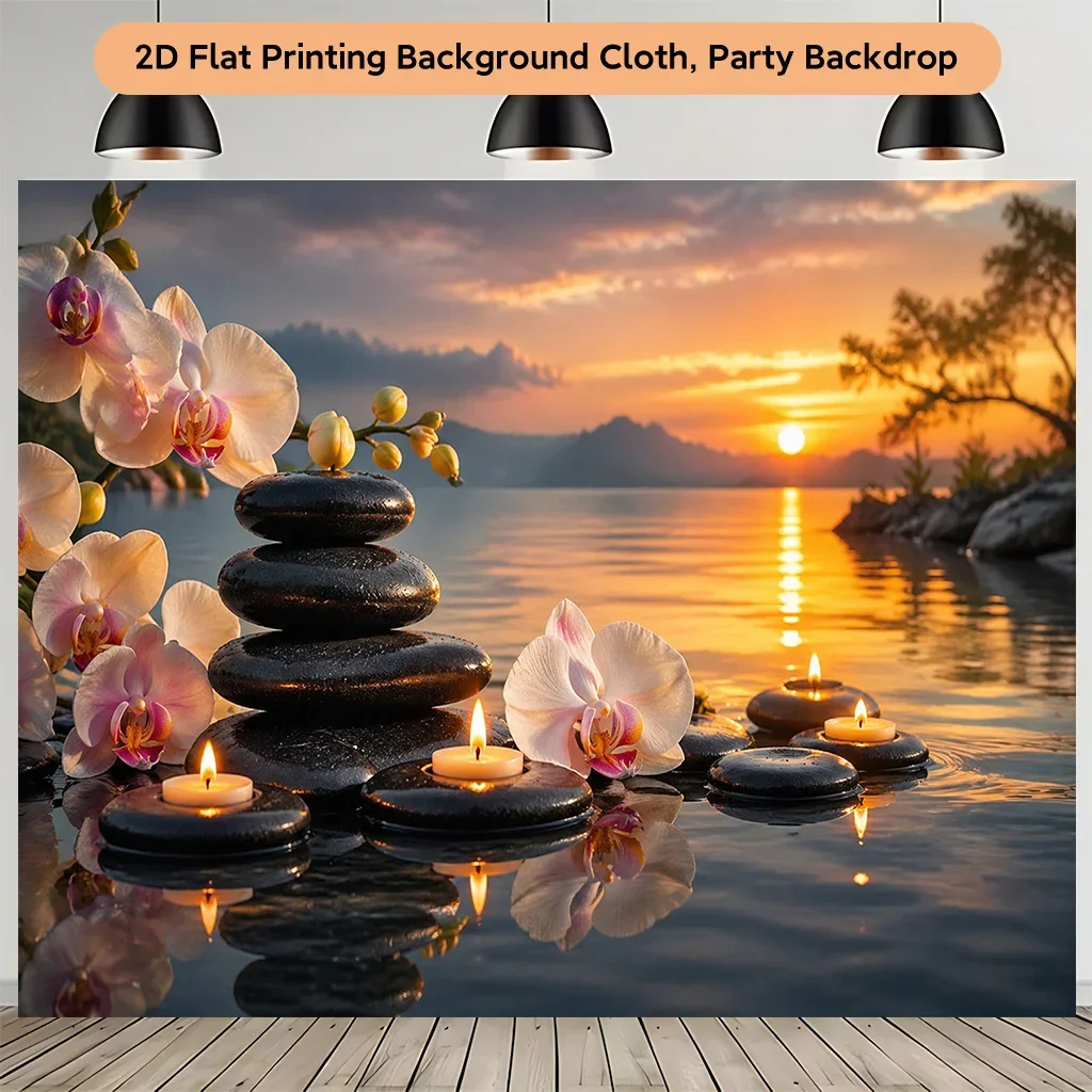 Zen Spa Stones Orchid Candles Sunset Lake 2D Flat Tapestry Backdrop For Yoga Studio Decor Relaxation Wall Hanging Art