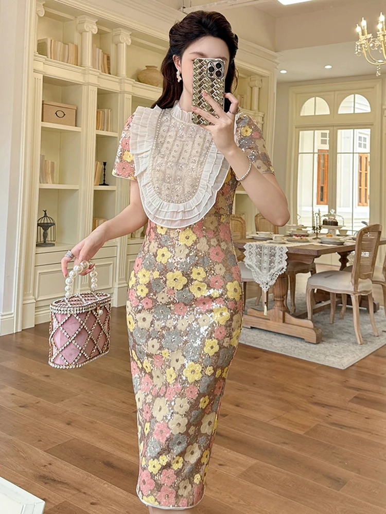 Frauen Shiny Pailletten Robe Floral Rüschen Stehen Neck Schlank Vestidos Bodycon Midi Kleid Elegante Dating Party Prom Weibliche Kleid Abend