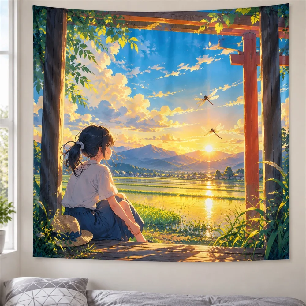 VIKAMA Rice Field Sunset Anime Tapestry Wall Hanging, Cinematic Anime Wall Decor Tapestries for Bedroom Living Room Study Dorm