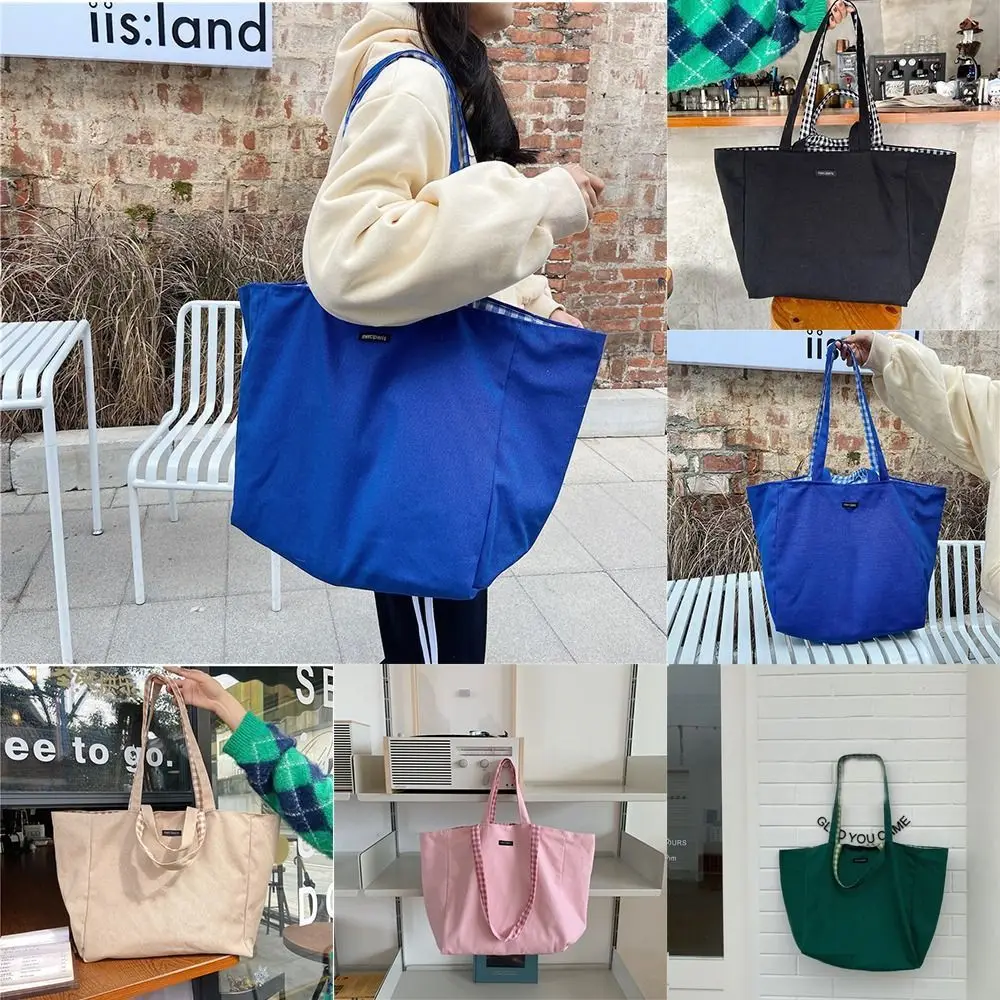 

Literary Korean Style Plaid Double-side Canvas Bags Solid Color Large Capacity Vacation Tote Bag Shoulder Bag Shopping