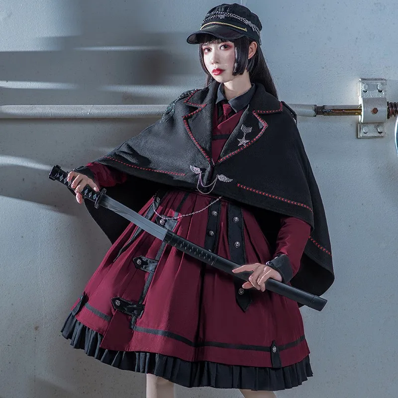 Military Lolita Dress Red Gothic Lolita Skirt Victorian Dress Cape Women Naval style Clothes Lolita Uniform Girls Cloak Black