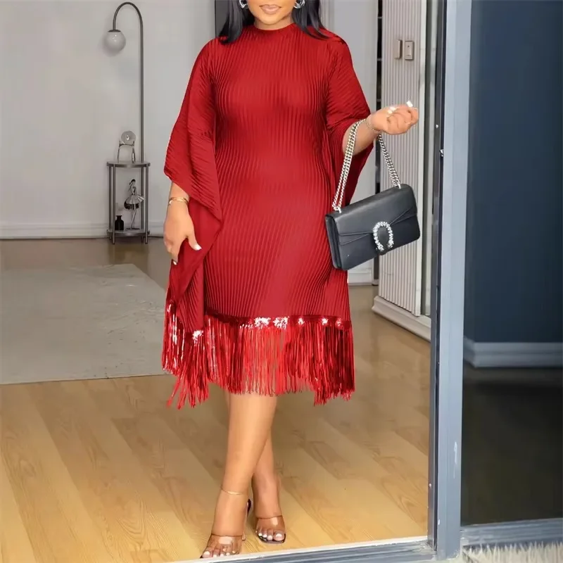 Vintage elegante moda fiesta Midi Vestidos mujeres noche club nocturno manga de murciélago lentejuelas dobladillo con borlas vestido ajustado para graduación Vestidos