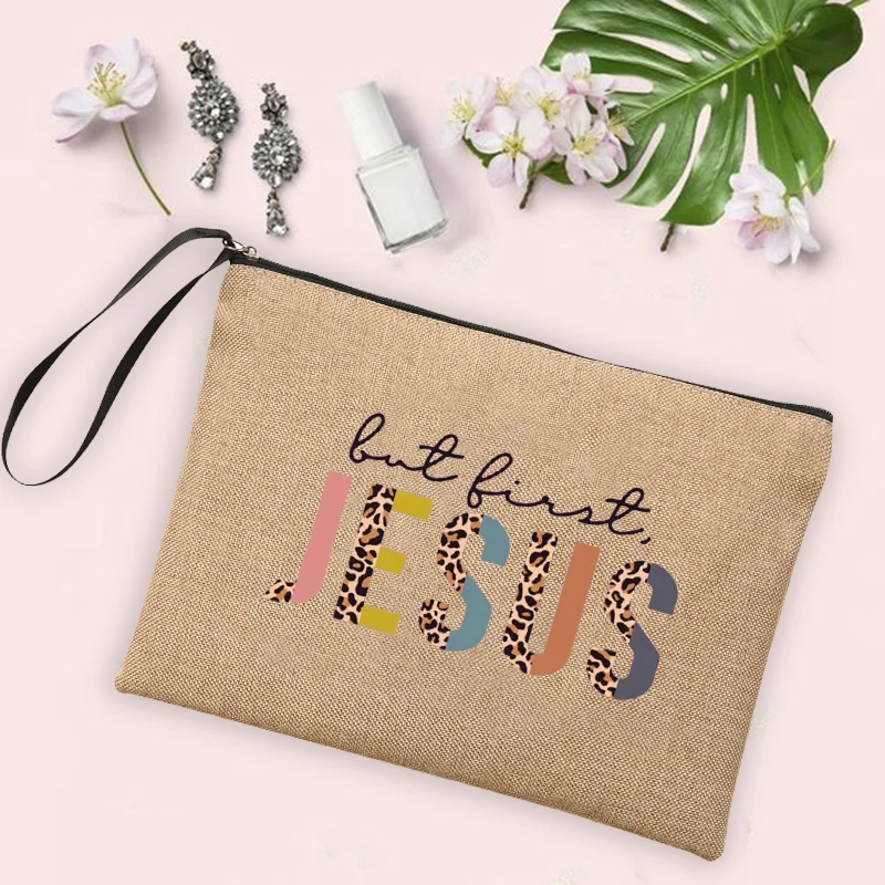 Jesus Faith Cross Print Christian Linen Wristlet Clutch Bag Beach Vacation Handbag Travel Wash Organizer Case Makeup Bags Gifts