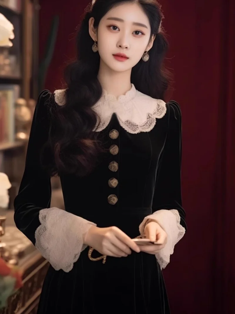 

Elegant Velvet Dress with Doll Collar for Wealthy Young Women High-End Inner Wear Long Skirt Black Color Spring Autumn Winter