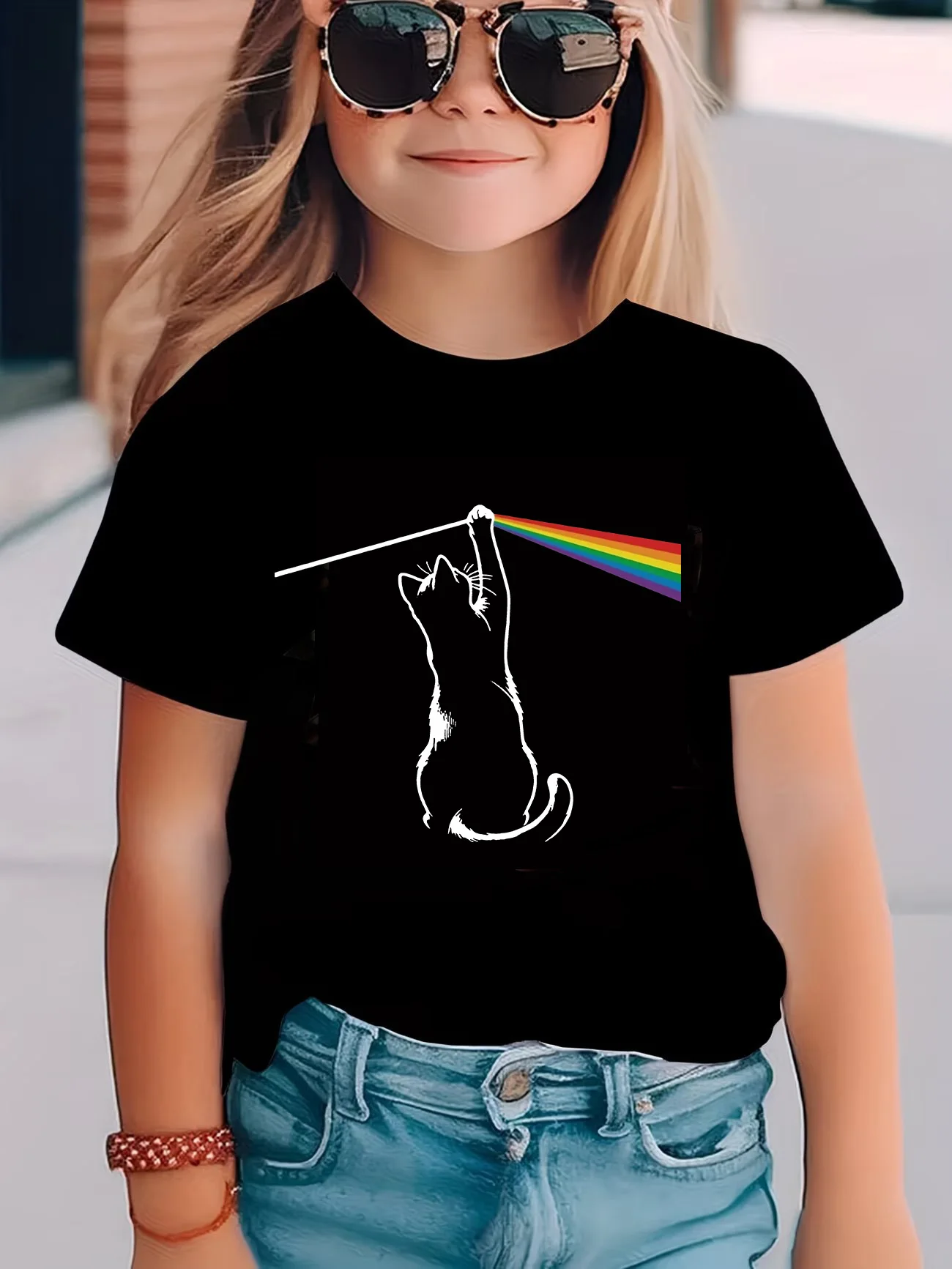 Modische T-Shirts mit Regenbogen-Katzen-Design, bedruckt, für Kinder, Jungen und Mädchen, Sommer, Frühling, lässiges Top-T-Shirt