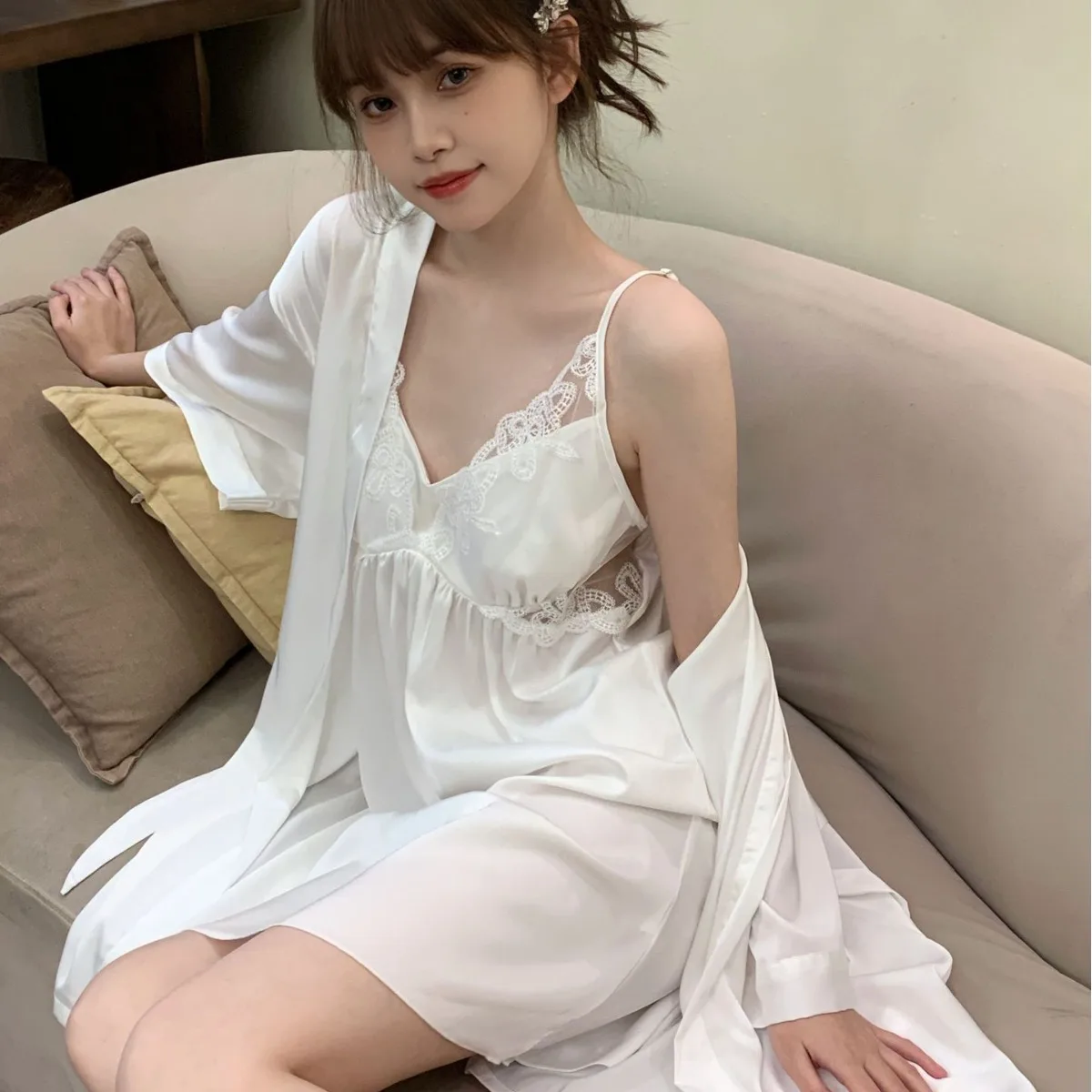V-Neck Bride Bathrobe Gown Suit Women Kimono Robe Set Sexy Sleepwear Nightsuits Lace Hollow Out Nightgown Loungewear image 5