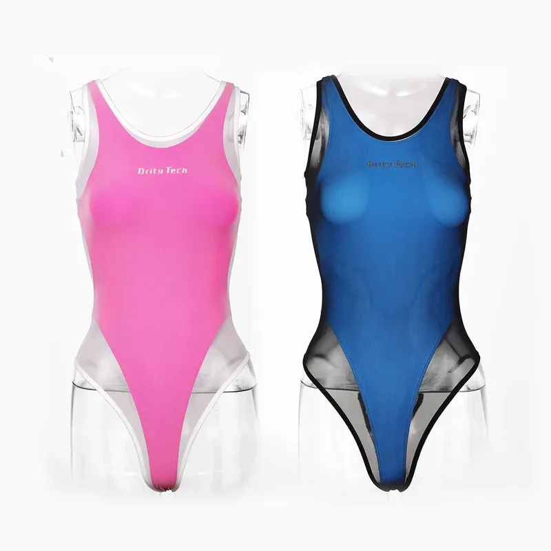 Dirtytech 섹시한 원피스 수영복 메쉬 투명 오버레이 하이 스플릿 레이싱 수영 애니메이션 Cos 섹시하고 귀여운 온천