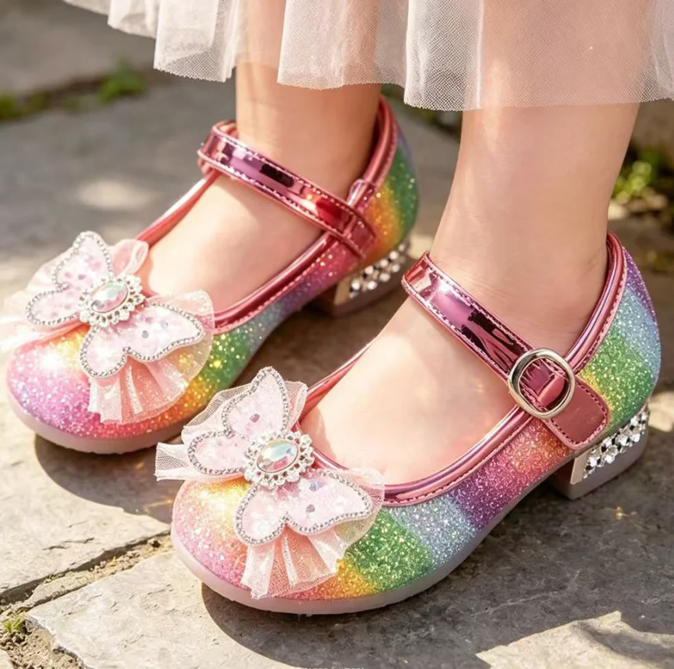 Girls Crystal Ballet Flat Shoes Sequins Tulle Bow Children Leather Shoes Non-slip Wedding Party Kids Princess Mary Jane Shoes