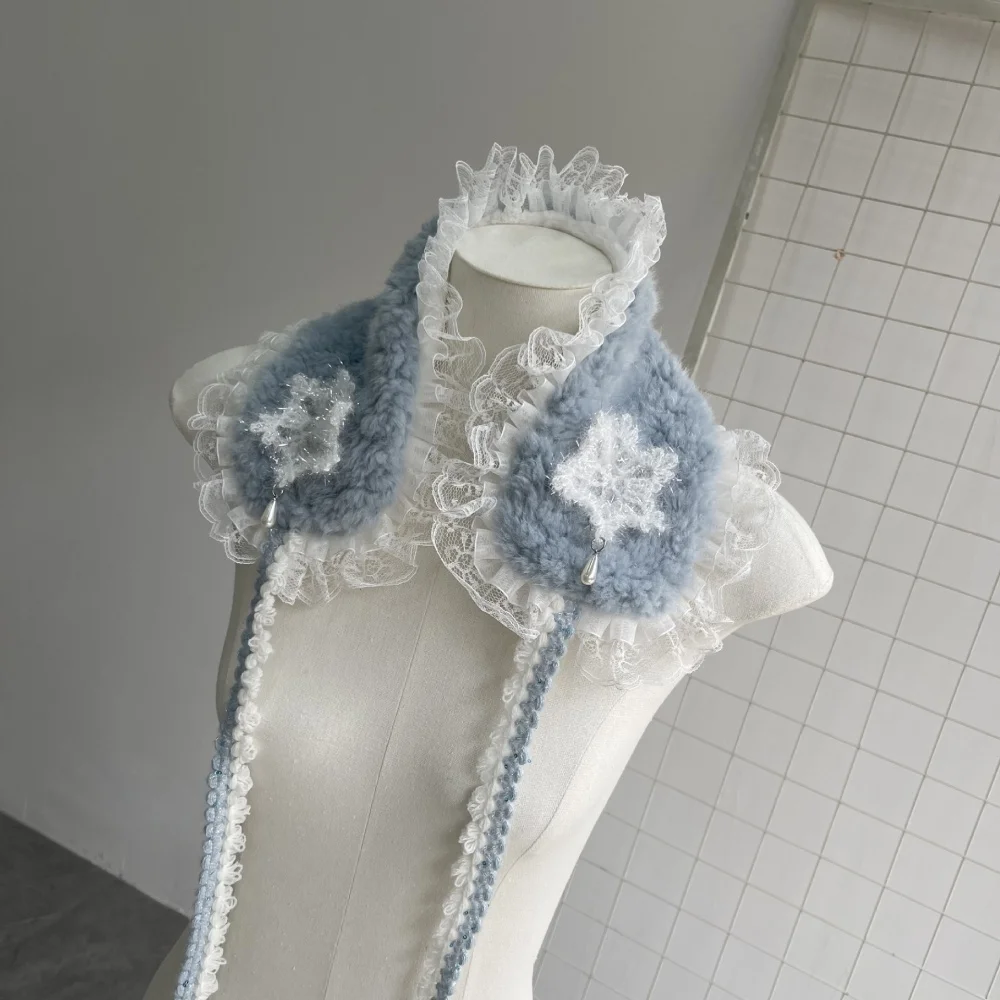 

JK кружевной плюшевый шарф для волос серии «Снежинка» для милых девочек, японская зимняя винтажная зимняя корейская толстая теплая мягкая шаль, аксессуары