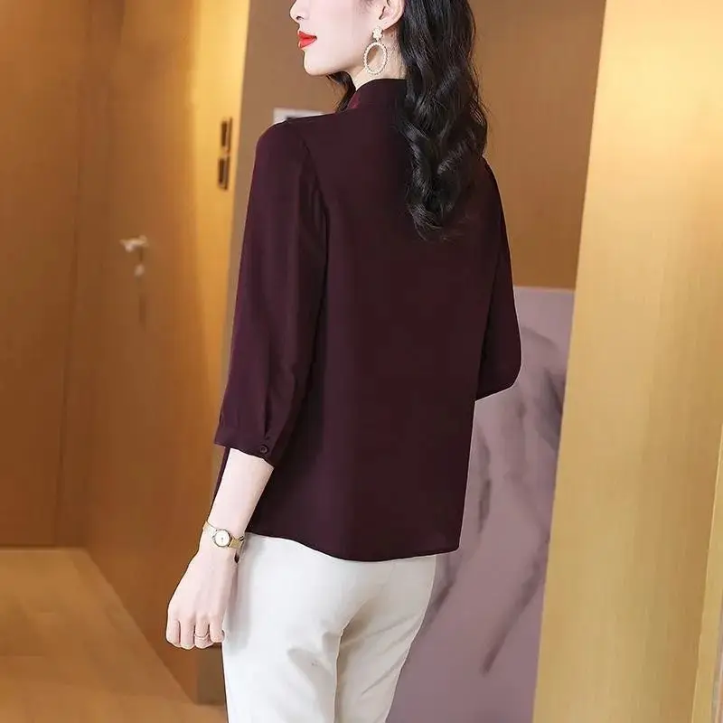 Temperament Office Lady Blouses Summer Thin Loose Button Three Quarter Sleeve Stand Collar Solid Fashion Casual Women\'s Clothing