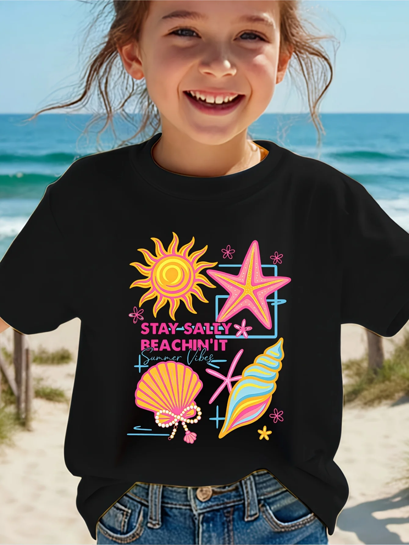 Kids Stay Salty Beach Vibes Sun Starfish Graphic Tee Boys Girls Family Matching Short Sleeve Summer Holiday Casual Daily T Shirt