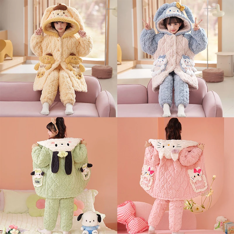 

Kawaii Sanrioed детские осенне-зимние пижамы с милым рисунком Cinnamoroll Kuromi, трехслойная толстая домашняя одежда, комплект из двух предметов