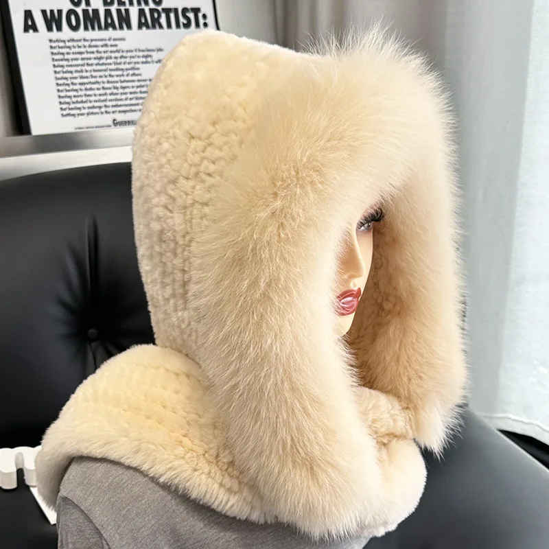 Real Rex Rabbit Fur Hat Fashion Wind Snow Hat Women's Winter Fox Fur Caps Warm Neck Warmer Natural Fur Hat With Neck Scarf