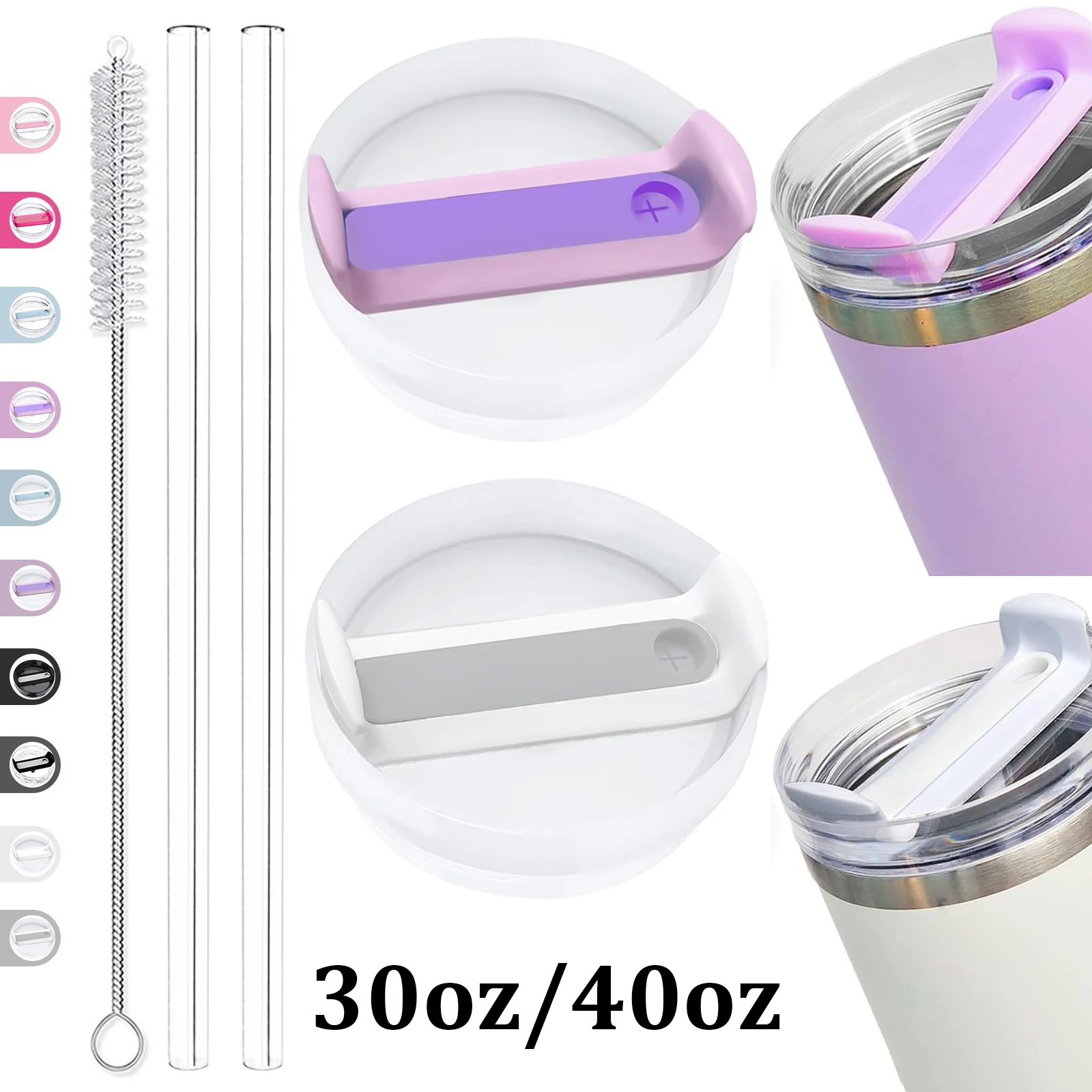 30oz/40oz Tumbler Lid Replacement Fit for Stanley Cup, 2 Pack Replacement Tumbler Lids , with 2 Straws and 1 Cleaning Brush