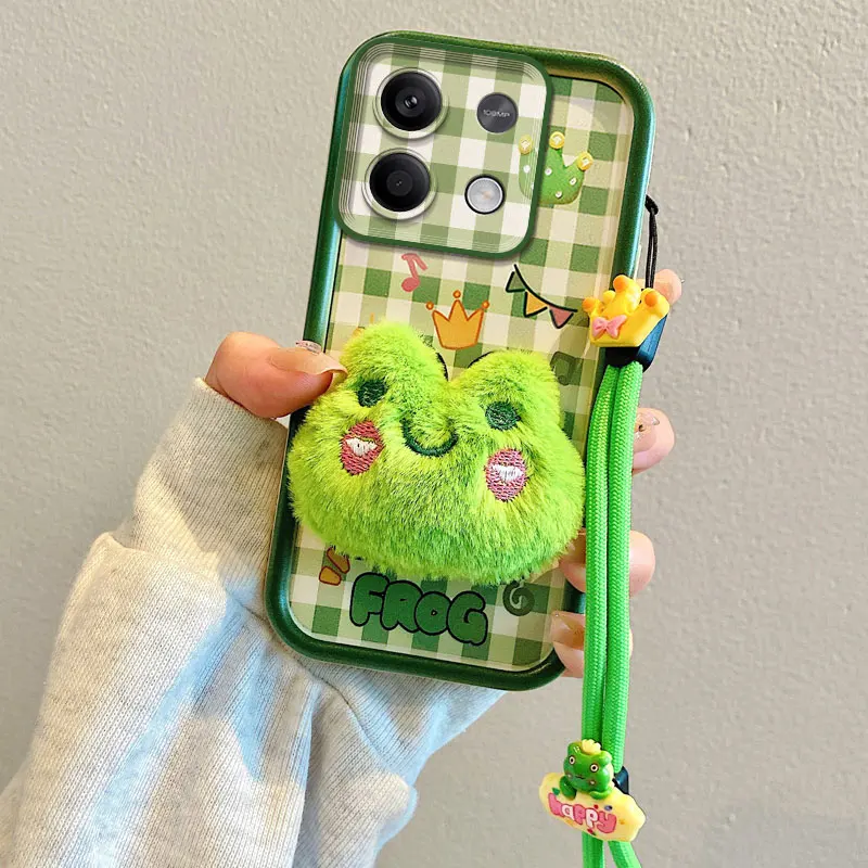 כיסוי טלפון נייד עם דמות צפרדע חמודה מתאים ל-Redmi Note 12 4G צעצוע רך קרטון רצועת חבל עם רצועת צוואר