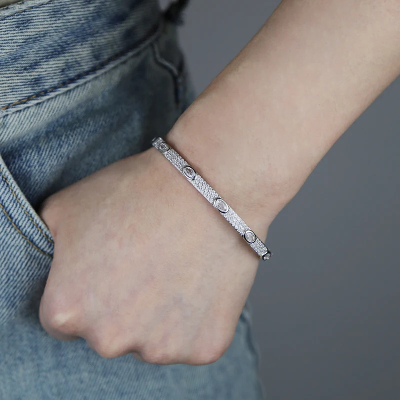 Luxury 58mm Geometric Oval Cz Bangles for Women Micro Paved Bling Cubic Zirconia Gold and Platinum Plated Color Fashion Jewelry view 5